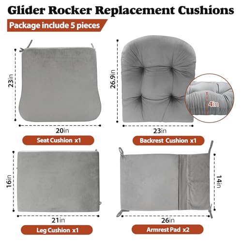 JZHLLA Glider Rocker Replacement Cushion Set with Storage Pockets Soft Flannel Fabric & High-Resilience Foam Non-Slip Back Rocking Chair Cushion for Living Room Rocking Chair(Grey) - color: Grey