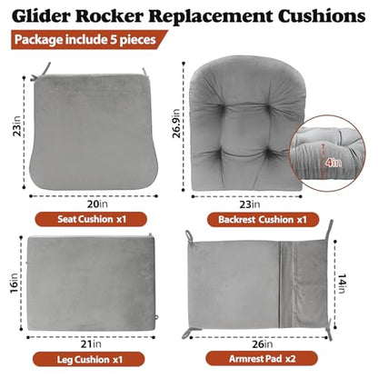 JZHLLA Glider Rocker Replacement Cushion Set with Storage Pockets Soft Flannel Fabric & High-Resilience Foam Non-Slip Back Rocking Chair Cushion for Living Room Rocking Chair(Grey) - color: Grey