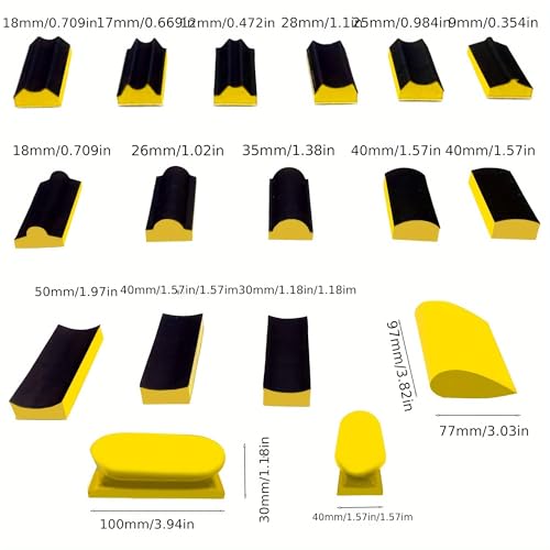 Hand Sanding Block Set, 16 Assorted Contoured Profiles, Hook & Loop - color: Yellow