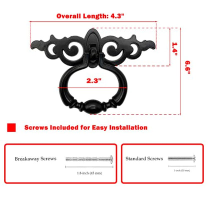 6 Pack Black Ring Pull Handles, Single Hole Cabinet Hardware - color: Black