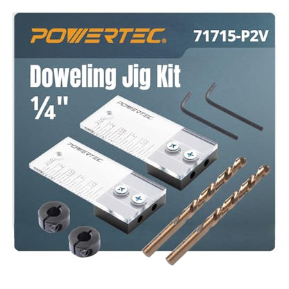 POWERTEC Dowel Jig Kit, Doweling Jig Kit 1/4", Dowel Jigs Woodworking, Laser Cut Witness Mark, with Depth Scale, Drill Guide Dowels, Cobalt M-35 Drill Bit & Split Ring Stop Collar, 2 Sets, 71715-P2V - style: 2PK 1/4" Doweling Jig Kit w/ Bit & Collar