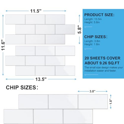 Peel and Stick Backsplash Tile, 20 Sheets White Subway Tile, 13.5" x 5.8" 3D PVC Self Adhesive Wall Tile for Kitchen, Bathroom, Fireplace, RV - color: White-white