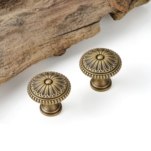 2 Pack Solid Brass Cabinet Knobs, Retro Drawer Knobs, Brushed Antique Brass Cabinet Knobs for Kitchen, Bathroom, and Furniture - size: Knob-F