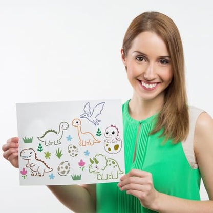 FINGERINSPIRE 8PCS Cute Dinosaur Painting Stencil with Paint Brush 4.7x9.4inch Dinosaur Silhouette Drawing Template Egg Paw Print Plant Volcano Stencil Animal Theme Template for Floor Decoration - style: Cute Dinosaur
