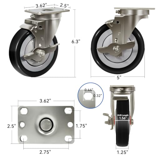 5" Stainless Steel Casters Set of 4 Heavy Duty, Swivel Industrial Caster Wheels, Anti-Corrosion Rust-Proof Plate Polyurethane Casters for Hospitals Food Labs (4 Brake) - style: 4 Brake