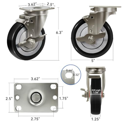 5" Stainless Steel Casters Set of 4 Heavy Duty, Swivel Industrial Caster Wheels, Anti-Corrosion Rust-Proof Plate Polyurethane Casters for Hospitals Food Labs (4 Brake) - style: 4 Brake