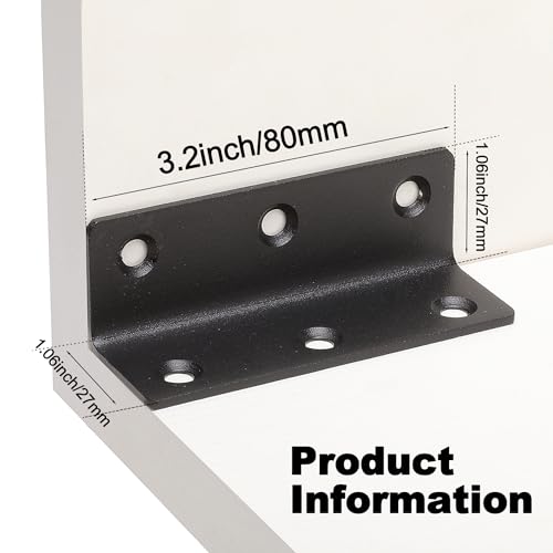 L Bracket, Heavy Duty Corner Brace, 10 Pack 3.2" Metal Shelf Bracket Angle Bracket for Shelves, Black Metal Braces for Wood, 80mm Overall Length - size: 3.2 inch