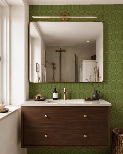 壁紙屋本舗 Retro Tile Peel and Stick Wallpaper Removable Green 9in×19.7ft - color: Green Tile