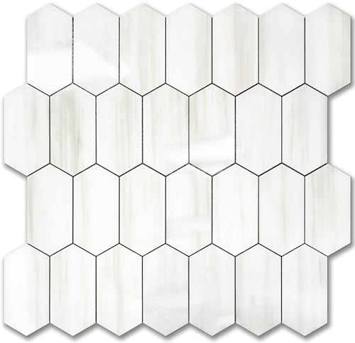 Vamos Tile Long Hexagon Peel and Stick Backsplash Tile - 10 Sheets Stick on Backsplash for Kitchen and Bathroom 12.4 x 12 Inch Glossy Dolomite White PVC Self Adhesive Mosaic Wall Tiles - color: Glossy Dolomite White