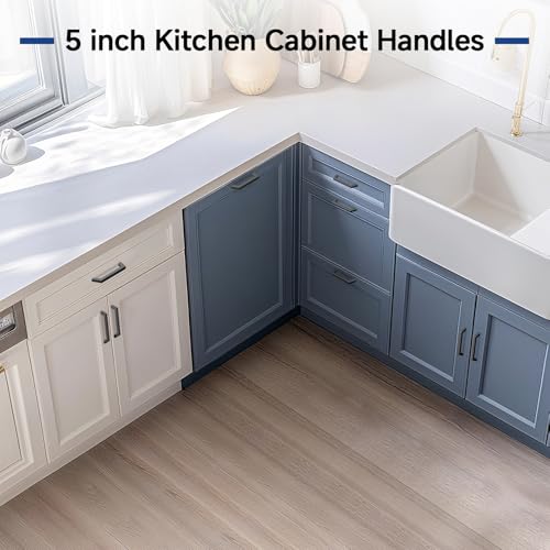 Estmoon 10 Pack 5 Inch Cabinet Handles - Matte Black Cabinet Pulls Modern Square Flat Black Handles Kitchen Cabinet Handles Drawer Pulls for Cabinet Hardware, 5" Hole Centers(128 mm) - color: Matte Black
