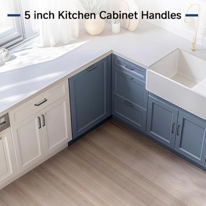 Estmoon 30 Pack Cabinet Handles, Matte Black 5 Inch Cabinet Pulls Square Drawer Pulls Stainless Steel Kitchen Handles Hardware for Cabinets Cupboard and Dresser Drawers, 128 mm Hole Centers - color: Matte Black