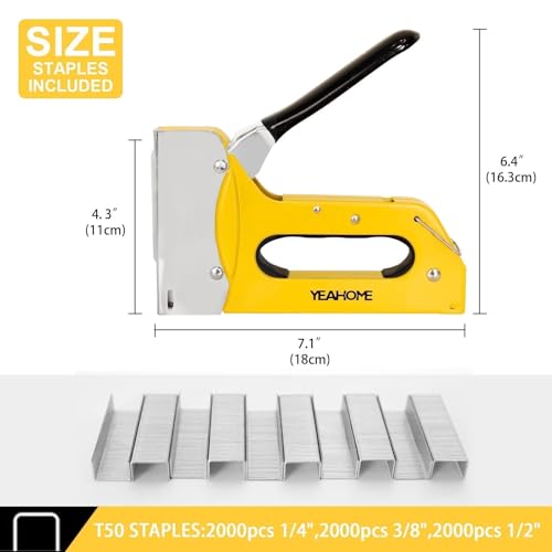 YEAHOME T50 Heavy Duty Staple Gun Kit, Upholstery Staple Gun with 6000 T50 Staples of 1/4, 3/8, 1/2 Inch, Manual Stapler Gun for Wood, Crafts, Wall, DIY & Professional Use - style: Yellow, T50 Staple Gun, with 6000 Staples