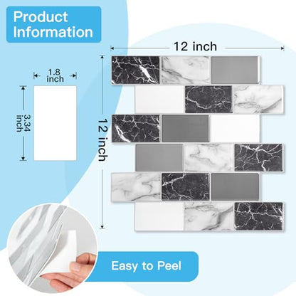 Art3d 10-Pack Marble Wall Tiles Peel and Stick Backsplash, Black White Grey - color: White Grey Marble