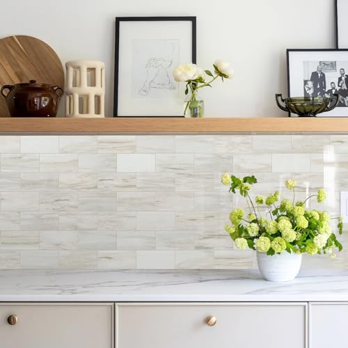 Vamos Tile 100-Piece Glossy Wooden Marble Grain Peel and Stick Backsplash Tile,3''x6'' PVC Subway Tile with White Grout, Stick on Backsplash for Kitchen/Bathroom/Fireplace - color: Wooden Marble Grain