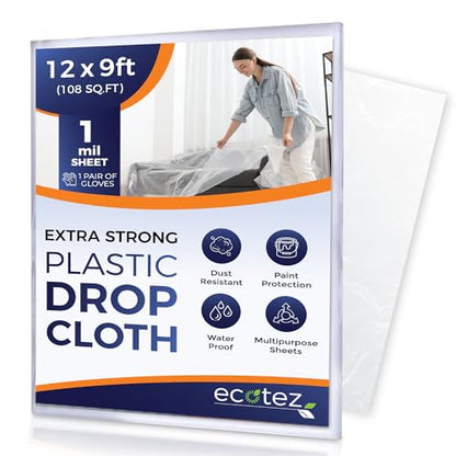 1 Pack 12 x 9 ft Extra Large Plastic Drop Cloth for Painting - size: 1 Sheet-1mil