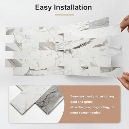 STICKGOO 10-Sheet Subway Tile Peel and Stick Backsplash, Seamless Design Glossy Carrara White Kitchen Backsplash Wall Tiles, Waterproof Stick on Tile for Bathroom, RV, Fireplace - color: Glossy Carrara White