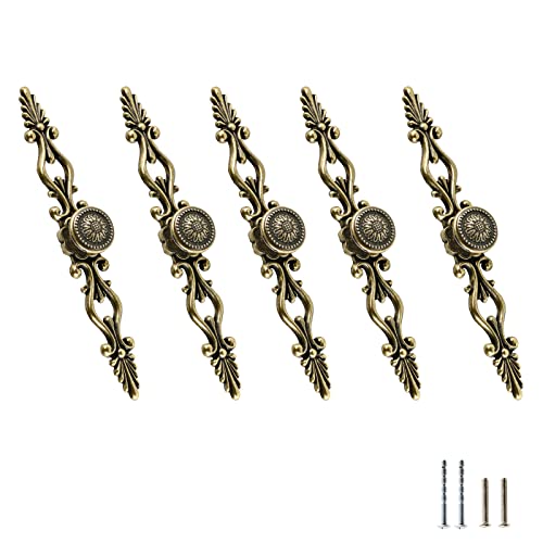 5pcs Antique Bronze Cabinet Knobs and Pulls, 5 inch Hole Centers Vintage Drawer Knobs with Plate, Retro Dresser Pulls Metal Cabinet Hardware for Drawer Dresser Closet