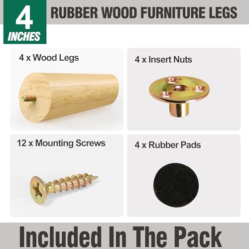 FoDau770 Rubber Wood Legs 4", Slant Taper, 5/16"-18 Thread, 4pcs - color: Varnish, size: 4 Inch - Slanted (80°)