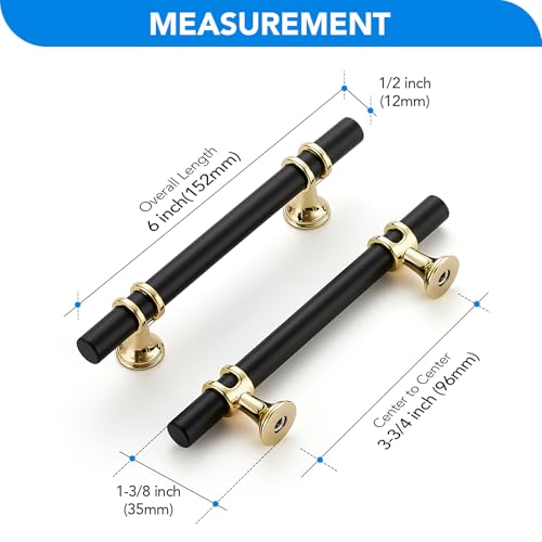 HOME EDIT Matte Black & Gold Cabinet Handles, T-Bar 3-3/4 Inch, 15 Pack - color: Brushed Brass and Matte Black, size: 3-3/4 Inch Hole Center