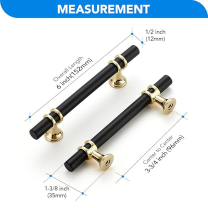 HOME EDIT Matte Black & Gold Cabinet Handles, T-Bar 3-3/4 Inch, 15 Pack - color: Brushed Brass and Matte Black, size: 3-3/4 Inch Hole Center