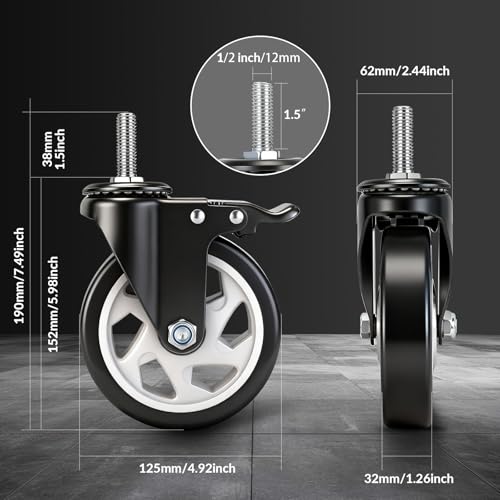 Caster Wheels with Threaded Stem,Locking Casters Set of 4 - size: 5"8pack