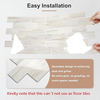 STICKGOO 10-Sheet Peel and Stick Backsplash on Subway Tile, Eurasia Biege - color: Polished Eurasia Pinkish-Biege Marble