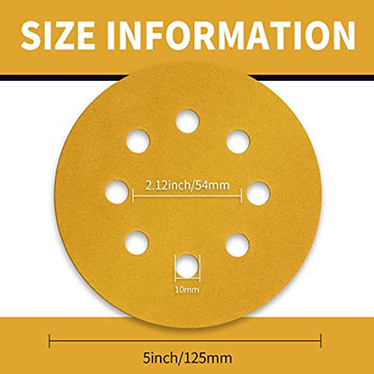 100 Pcs 5 Inch Sanding Discs Hook and Loop, 220 Grit Sandpaper for Woodworking or Automotive, 8 Hole Gold Premium Dustless Random Orbit Sandpaper - style: 220 Grit-100 Discs