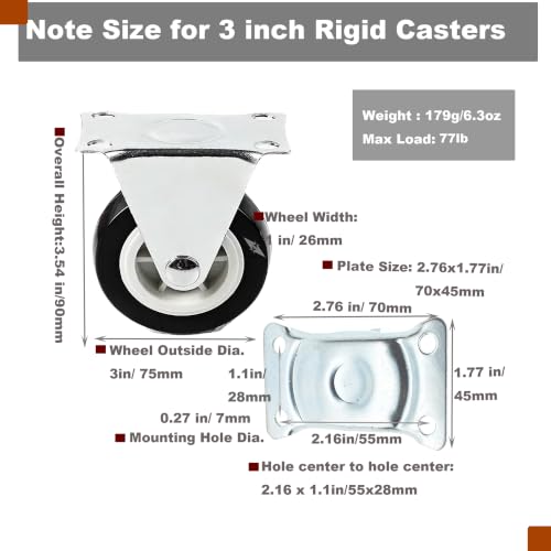 3" Rigid Plate PVC Casters,No Bearing,Max 35KG Load,6 PCS-Black - color: Black, size: 3 inch
