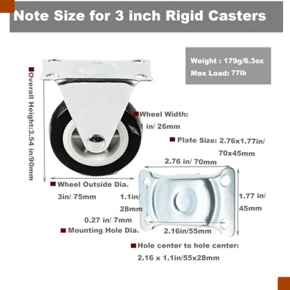 3" Rigid Plate PVC Casters,No Bearing,Max 35KG Load,6 PCS-Black - color: Black, size: 3 inch