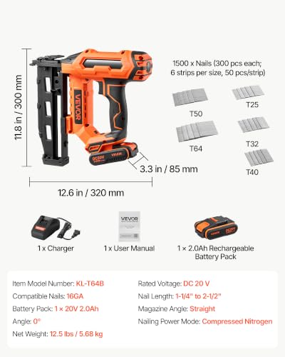 VEVOR Cordless Finish Nailer 20V 16GA Straight Cordless Nailer with Battery - size: 16 Gauge - 1 Battery