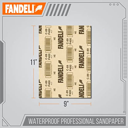 Fandeli | Waterproof Sandpaper | 400 Grit | 25 Sheets 9'' x 11'' | For for Plastic, Lacquer, Varnish, and Pain | Water Resistant - style: 400 Grit