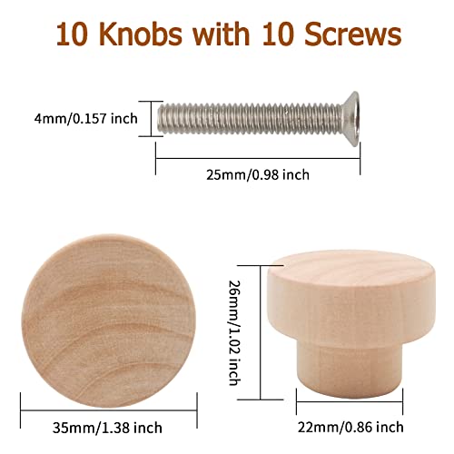 10PCS Wood Dresser Knobs Unfinished Wooden Cabinet Drawer Pulls 35mm - color: Flat Top Unfinished, size: 10 Pieces
