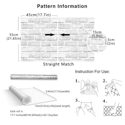 Cohoo Home White Brick Wallpaper Peel and Stick Contact Paper Faux 512”×18” - color: Gray/White, size: 17.7" x 512"