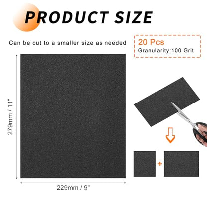 20Pcs 100 Grit Sandpaper 9 x 11 Inch Sand Paper Alumina Black - size: 9 x 11 Inch(100 Grit)