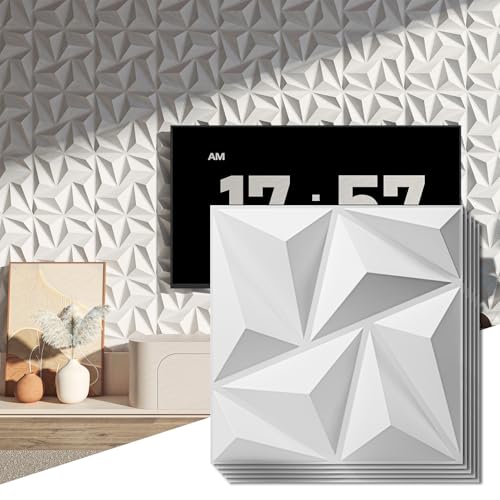 Art3d 3D Wall Panels 100 Pack, 11.8" x 11.8" (97 Sq.ft) PVC Wall Panels - Glue Up Panels Wall Decor for Living Room, Bedroom, Office, White - color: Diamond-White, size: 11.8"x11.8" 100pcs