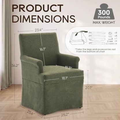 Arm Dining Chair Fabric Long Skirt Slipcovered High Back Upholstered Dinner - color: Green, size: 1 PC