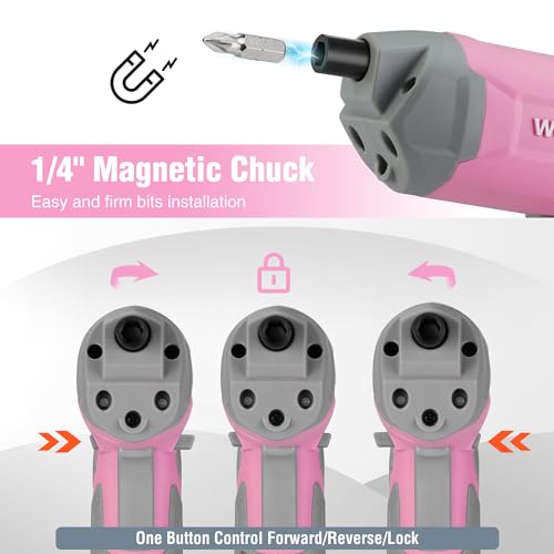WORKPRO Pink Cordless Screwdriver Set, Rechargeable Eccentric Screwdriver
