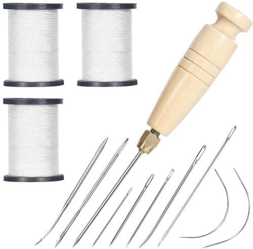 3-Spool Nylon Thread Kit - Each 80 Yards, Includes Sewing Awls & Needles for Hand Sewing, Upholstery & Leather Repair, White - color: White