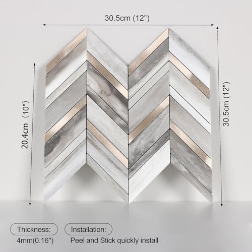 Yipscazo 10-Sheet Wood Grain Herringbone Peel and Stick Backsplash for Kitchen Walls,Heat Resistant PVC Mixed Metal Stick on Backsplash Tiles,Waterproof Peel and Stick Tile for Bathroom&Shower - color: Wood Grain + Gold Metal
