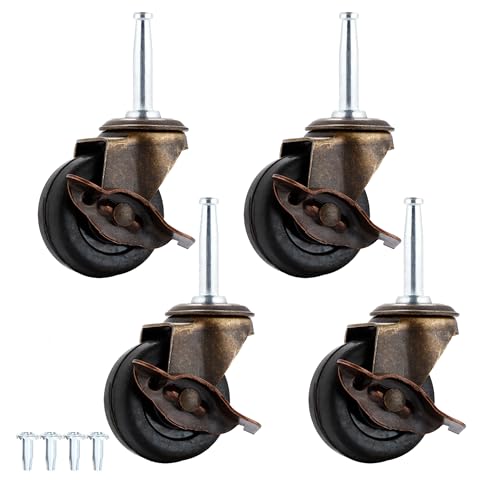 Antique Brass Casters Wheels 5/16" x 1-1/2" (8 x 38mm) Rubber Stem Casters Vintage Furniture Roller Casters (2.0 Inch Antique Caster with Brake) - style: 2.0 Inch Antique Caster with Brake