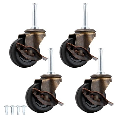Antique Brass Casters Wheels 5/16" x 1-1/2" (8 x 38mm) Rubber Stem Casters Vintage Furniture Roller Casters (2.0 Inch Antique Caster with Brake) - style: 2.0 Inch Antique Caster with Brake