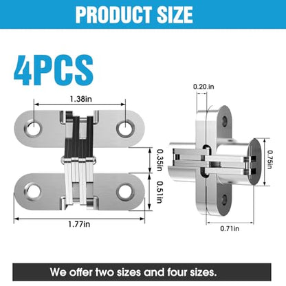 Invisible Cabinet Hinges 180° Silver, 4-Pack - color: Silver-4PCS, size: A: Door Thick(11/6"~1")
