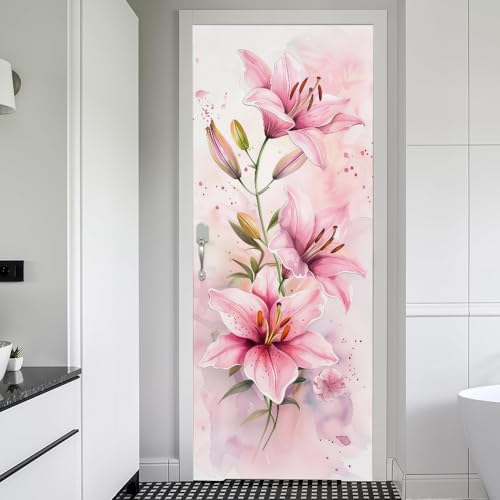 REDAMANCY Pink Watercolor Lily Floral Peel and Stick Door Stickers Vinyl Mural Decals Decor Modern Wallpaper Self-Adhesive, Waterproof, Removable - color: Mta-37