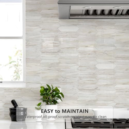 Vamos Tile Glossy Wood Marble Grain Backsplash Tile Peel and Stick, 12.8 x 12.8 Inch 10 Sheets Long Hexagon PVC Self Adhesive Mosaic Wall Tiles Stick on Backsplash for Kitchen and Bathroom - color: Glossy Wood Marble Pinkish Grain