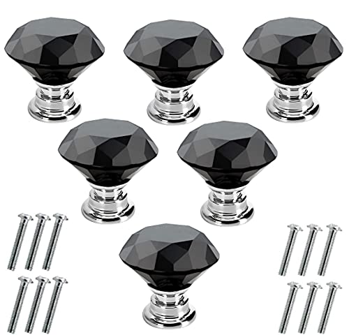Akstore 6 Pcs Crystal Glass Cabinet Knobs 30mm Diamond Shape Drawer Kitchen Cabinets Dresser Cupboard Wardrobe Pulls Handles (30mm, Black) - color: Black, size: 30 mm
