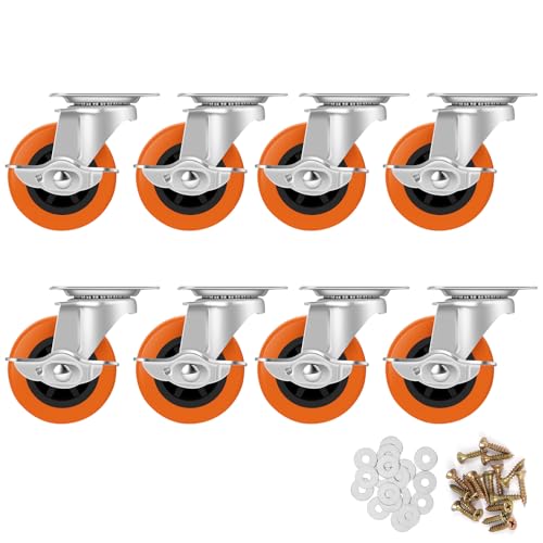 Caster Wheels,3 Inch Plate Swivel Casters Set of 4 with Brake - size: 3"8pack