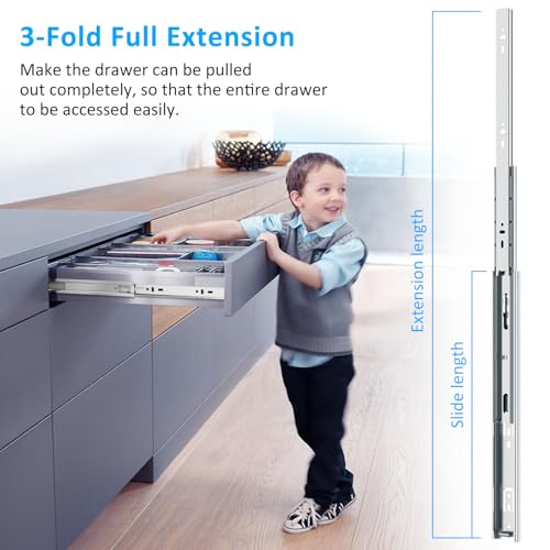 Stainless Steel Drawer Slides Ball Bearing 3 Folds Full Extension Side Mount Cabinet Runners Glides Rails Track 100 Lbs Load 10 12 14 16 18 20 22 24 Inch (Silver-Stainless Steel- 1 Pr, 14 inch) - color: Silver-Stainless Steel, size: 14 Inch