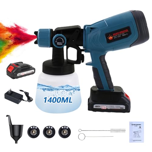 Cordless Paint Sprayer,Handheld HVLP Paint Gun with 3 Spray Patterns & 3 Nozzles,1400ml Container & Cleaning Tools for House Painting, Fences, Cabinets, Walls (Include Battery)