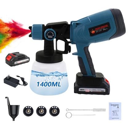 Cordless Paint Sprayer,Handheld HVLP Paint Gun with 3 Spray Patterns & 3 Nozzles,1400ml Container & Cleaning Tools for House Painting, Fences, Cabinets, Walls (Include Battery)