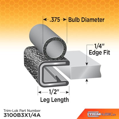 TRIM-LOK Trim Seal, Edge Trim with Side Bulb, Fits 0.375-Inch Bulb, 1/4-Inch Edge, 25-Foot Length, Black Pebble Finish, Flexible PVC Plastic Trim with EPDM Rubber Weather Stripping - style: 0.375" Bulb, 1/4" Edge, 1/2" Leg, 25 Feet